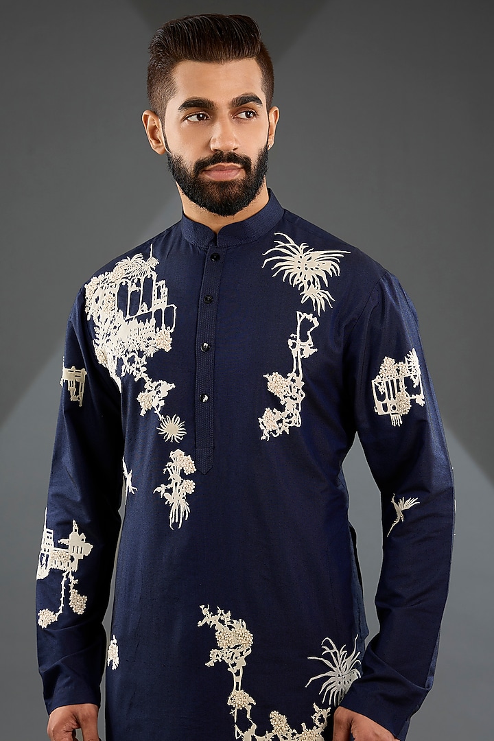 Navy Blue Katan Silk Laser-Cut Embroidered Kurta Set by Sahil Kochhar Men at Pernia's Pop Up Shop