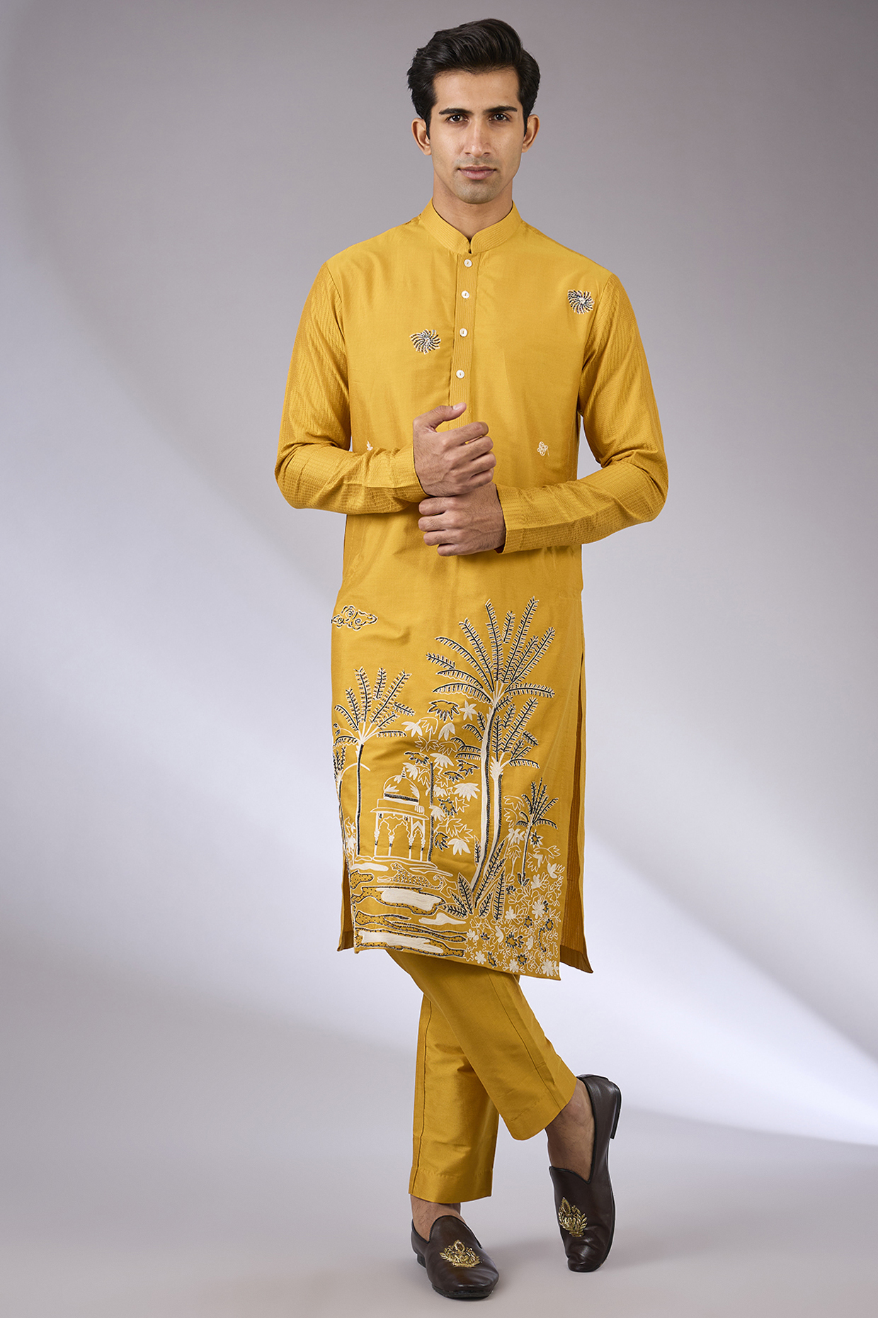 Mustard Katan Silk Hand Embroidered Kurta Set by Sahil Kochhar Men