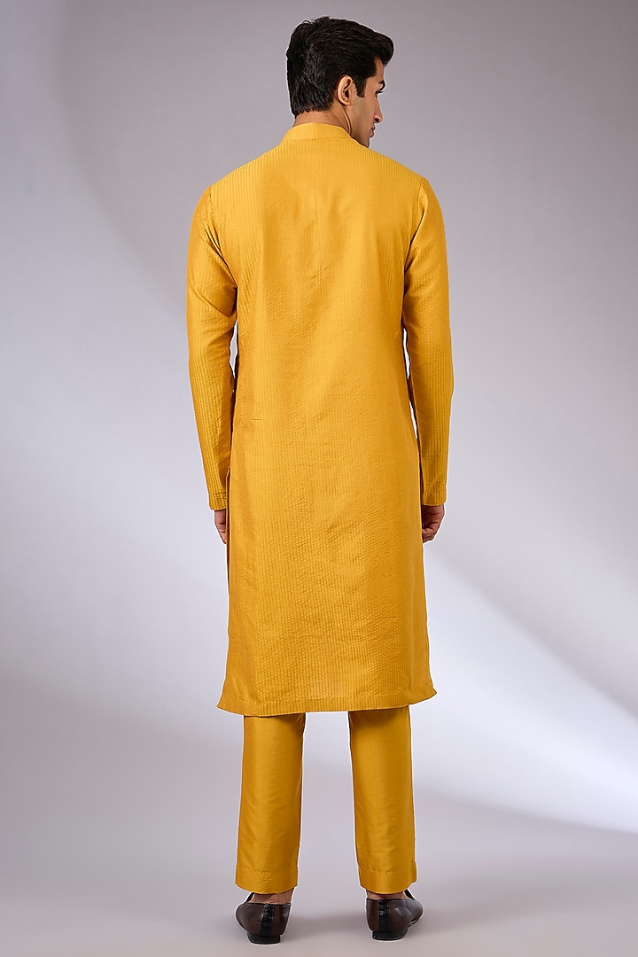 Mustard Katan Silk Hand Embroidered Kurta Set by Sahil Kochhar Men at Pernia's Pop Up Shop