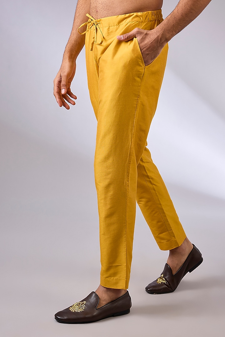 Mustard Katan Silk Hand Embroidered Kurta Set by Sahil Kochhar Men at Pernia's Pop Up Shop