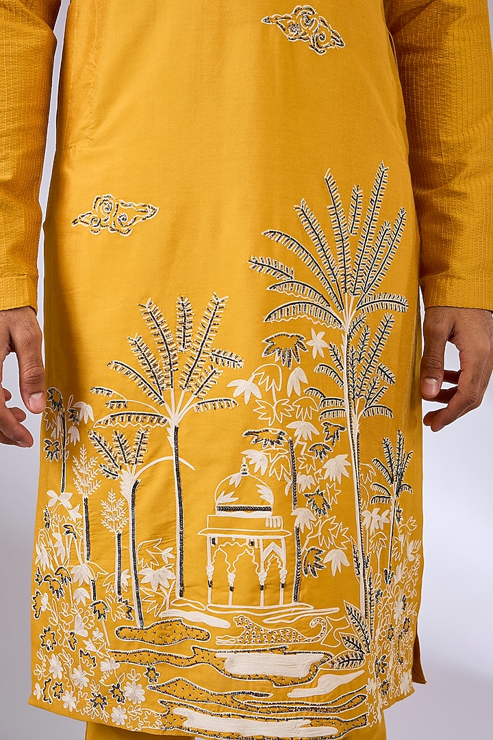 Mustard Katan Silk Hand Embroidered Kurta Set by Sahil Kochhar Men at Pernia's Pop Up Shop