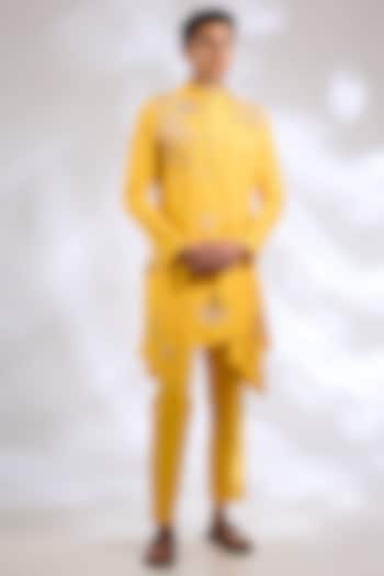Yellow Katan Silk Laser Cut Applique Embroidered Kurta Set by Sahil Kochhar Men at Pernia's Pop Up Shop