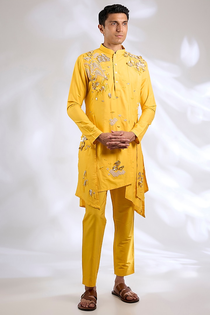 Yellow Katan Silk Laser Cut Applique Embroidered Kurta Set by Sahil Kochhar Men at Pernia's Pop Up Shop