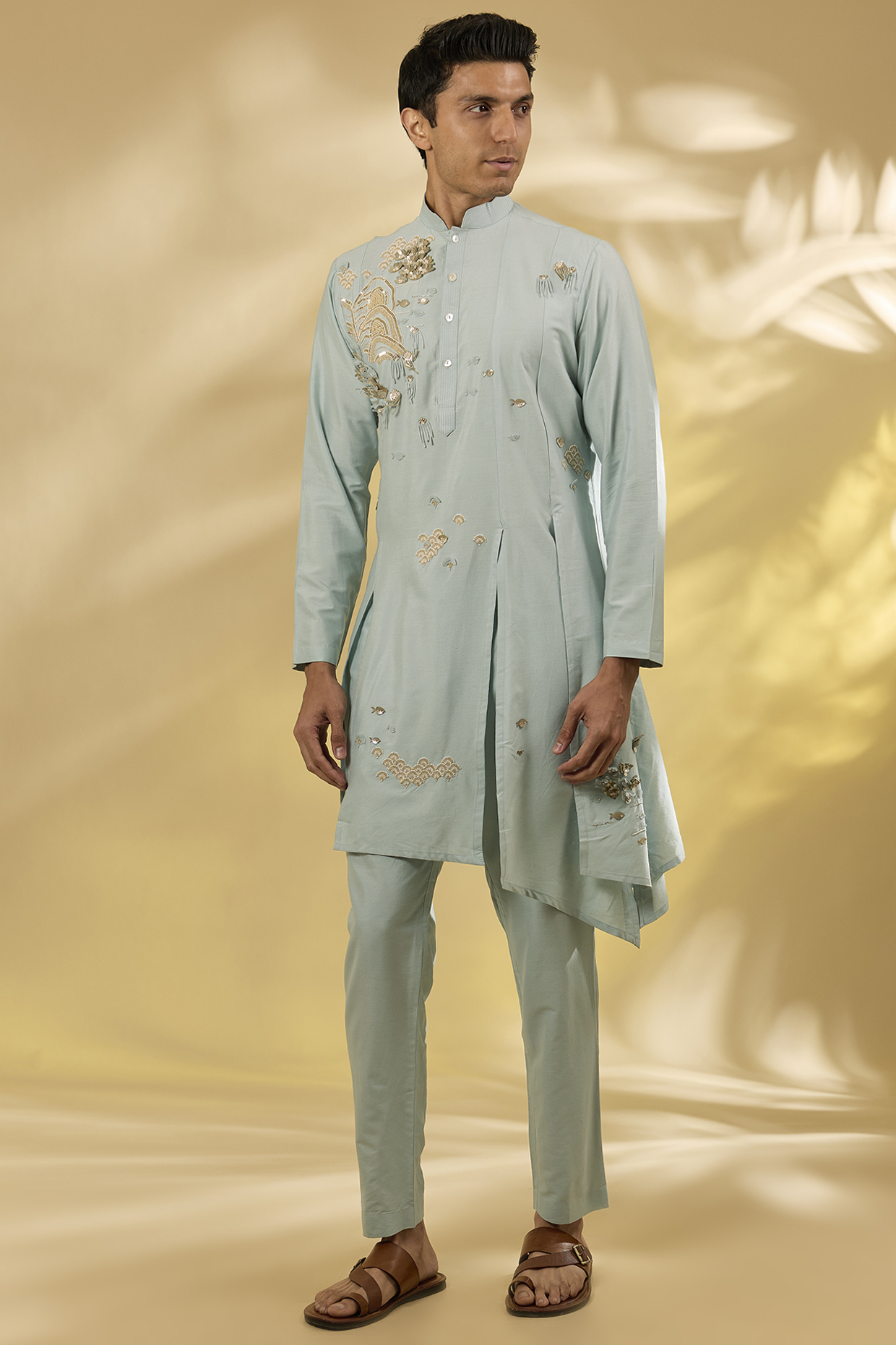 Blue Katan Silk Applique Embroidered Kurta Set by Sahil Kochhar Men