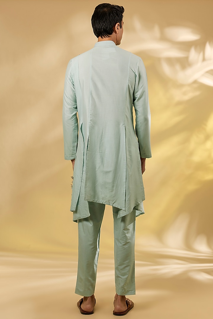 Blue Katan Silk Applique Embroidered Kurta Set by Sahil Kochhar Men at Pernia's Pop Up Shop