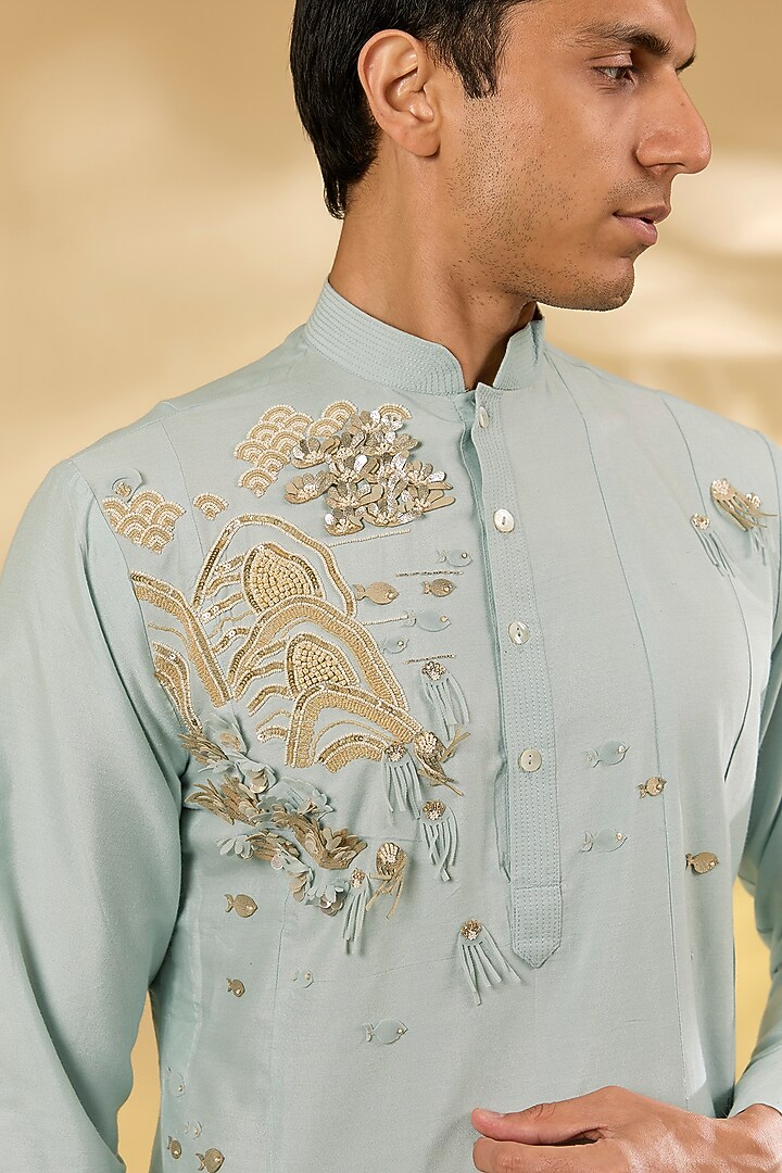 Blue Katan Silk Applique Embroidered Kurta Set by Sahil Kochhar Men at Pernia's Pop Up Shop
