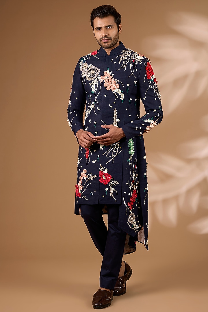 Navy Blue Matka Silk Indowestern Set by Sahil Kochhar Men