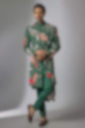 Bottle Green Matka Silk Indowestern Set by Sahil Kochhar Men