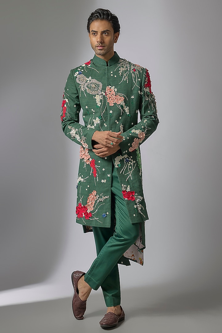 Bottle Green Matka Silk Indowestern Set by Sahil Kochhar Men
