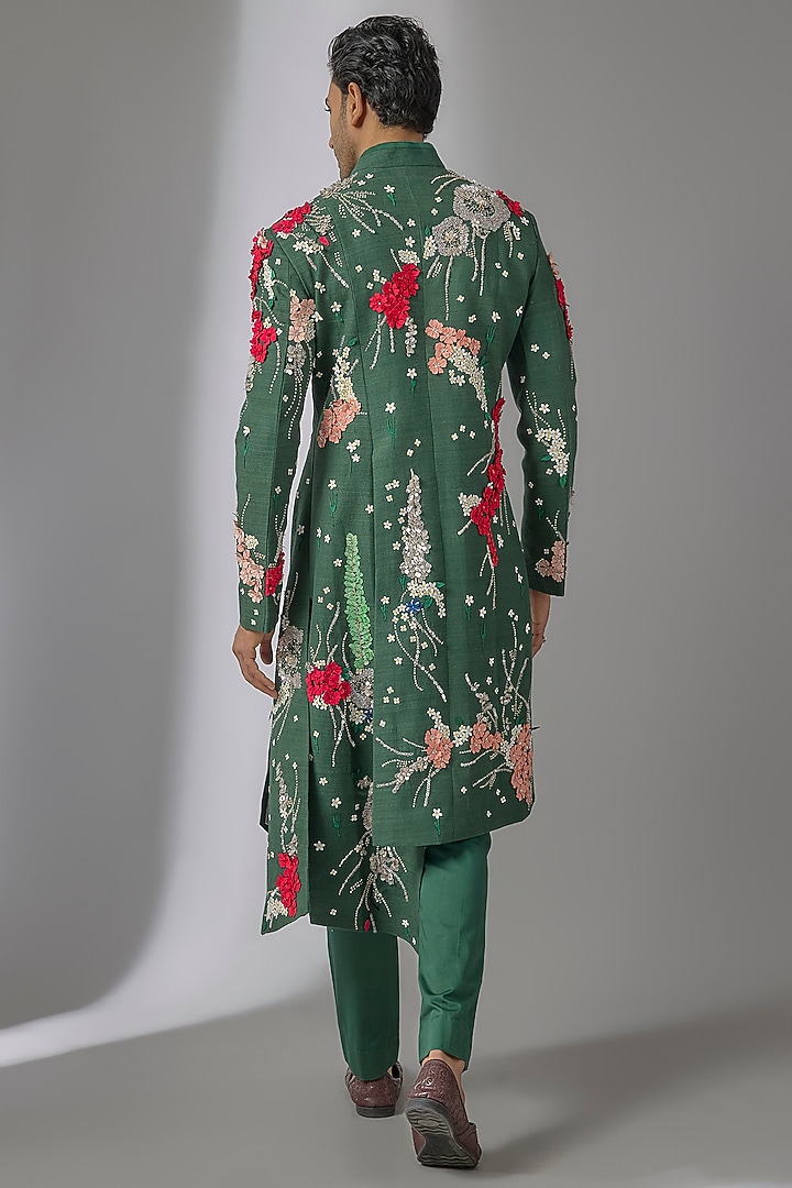 Bottle Green Matka Silk Indowestern Set by Sahil Kochhar Men at Pernia's Pop Up Shop