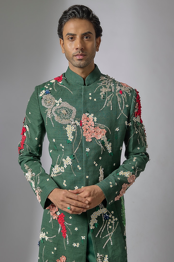 Bottle Green Matka Silk Indowestern Set by Sahil Kochhar Men at Pernia's Pop Up Shop