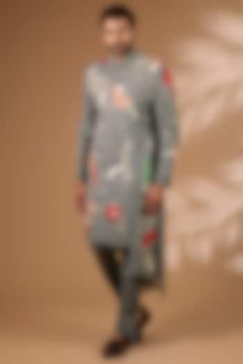 Grey Matka Silk Indowestern Set by Sahil Kochhar Men