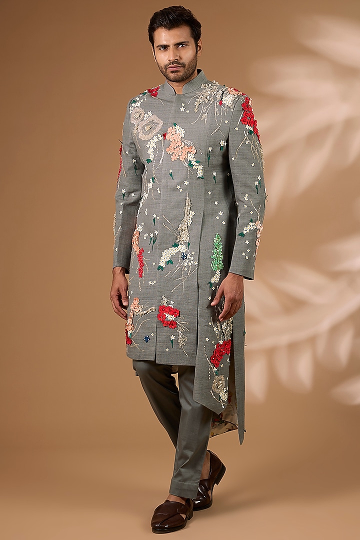 Grey Matka Silk Indowestern Set by Sahil Kochhar Men