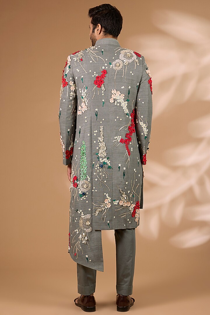 Grey Matka Silk Groom Indowestern Set by Sahil Kochhar Men at Pernia's Pop Up Shop