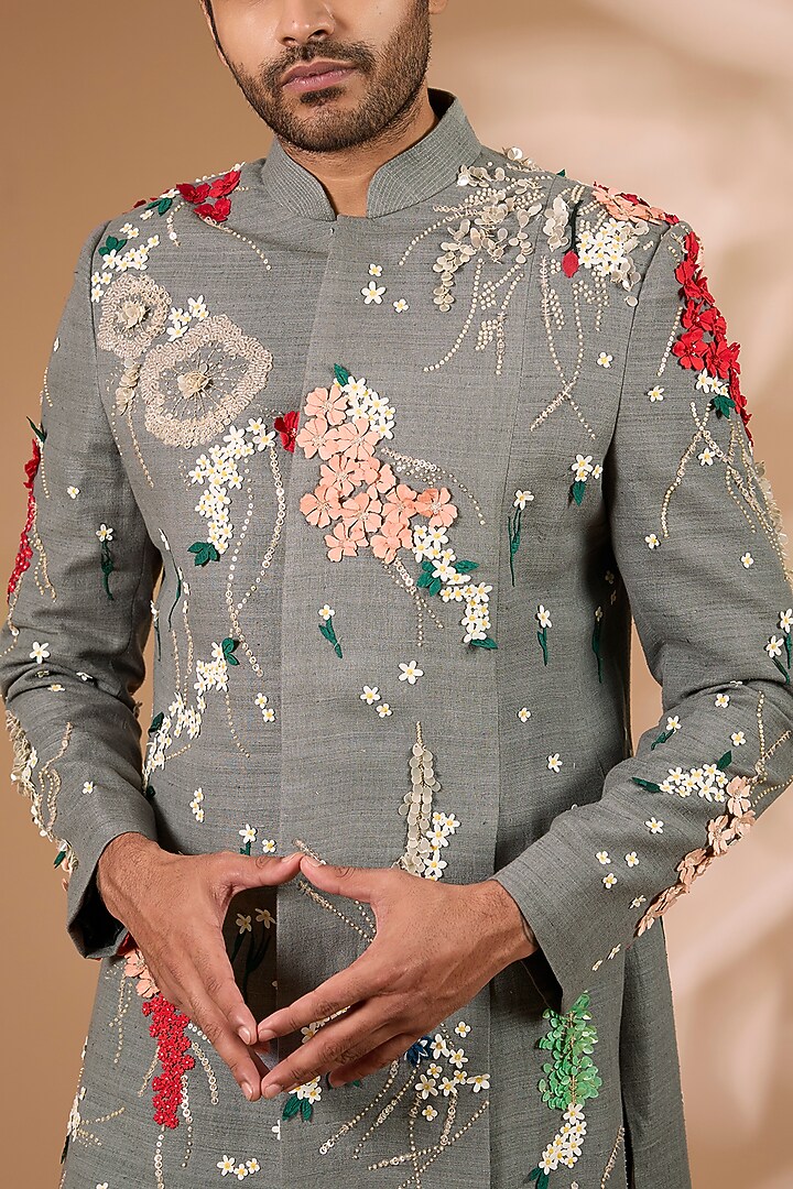 Grey Matka Silk Groom Indowestern Set by Sahil Kochhar Men at Pernia's Pop Up Shop