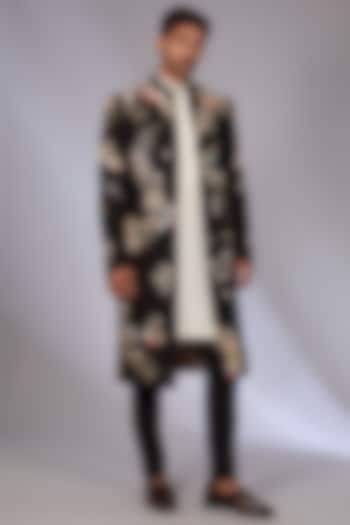 Black Raw Silk Indowestern Set by Sahil Kochhar Men