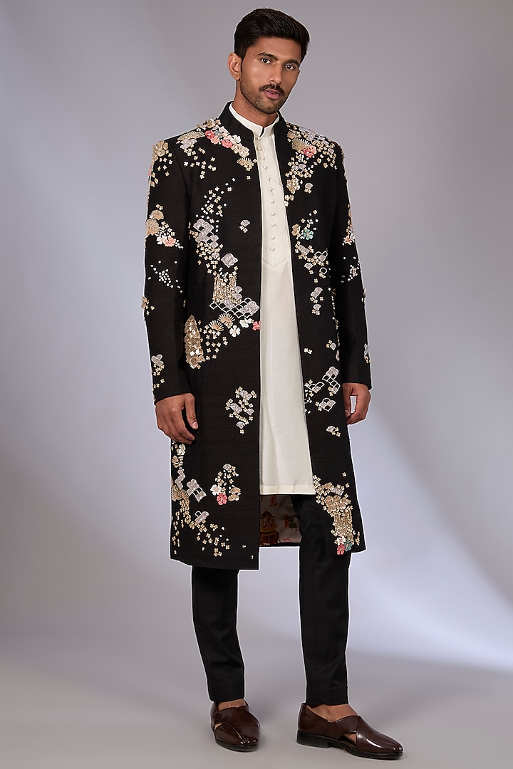 Black Raw Silk Indowestern Set by Sahil Kochhar Men