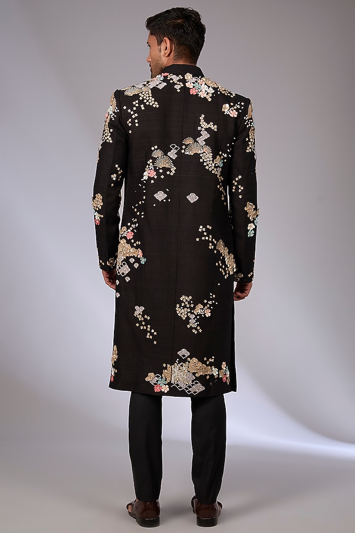 Black Raw Silk Groom Indowestern Set by Sahil Kochhar Men at Pernia's Pop Up Shop
