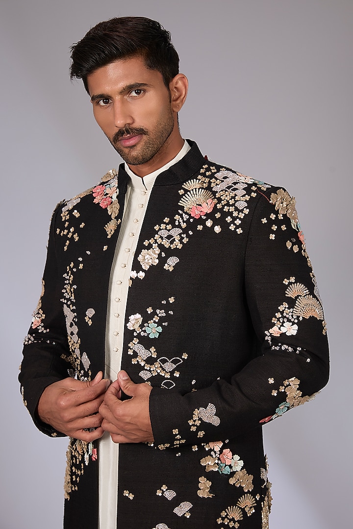 Black Raw Silk Groom Indowestern Set by Sahil Kochhar Men at Pernia's Pop Up Shop