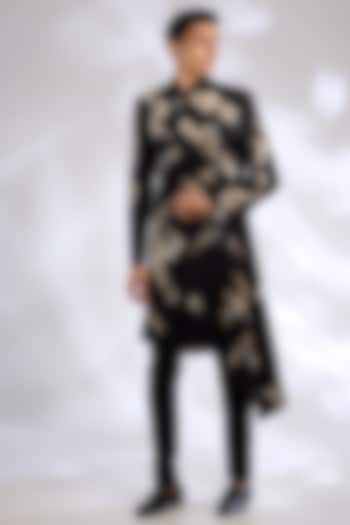 Black Matka Silk Laser Cut Applique Embroidered Groom Indowestern Set by Sahil Kochhar Men at Pernia's Pop Up Shop