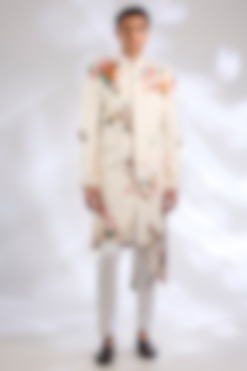 Ivory Matka Silk Laser Cut Applique Embroidered Groom Indowestern Set by Sahil Kochhar Men at Pernia's Pop Up Shop