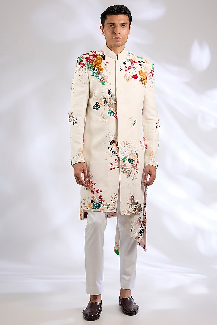 Ivory Matka Silk Laser Cut Applique Embroidered Groom Indowestern Set by Sahil Kochhar Men at Pernia's Pop Up Shop