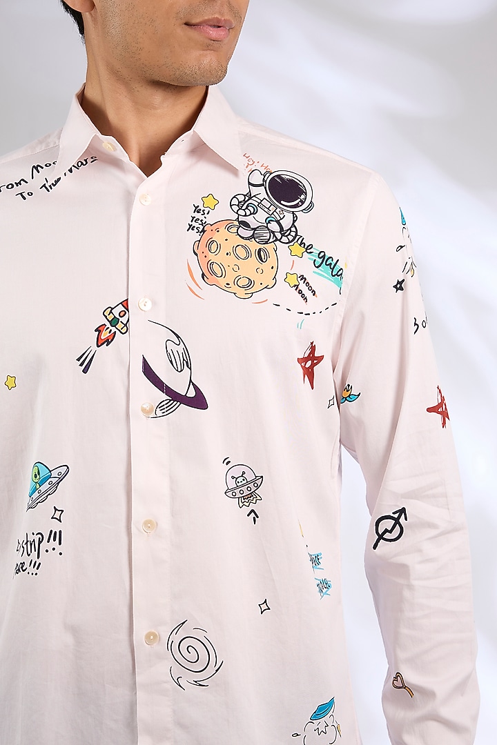 Ivory Cotton Satin Digital Printed Party Wear Shirt by Sahil Kochhar Men at Pernia's Pop Up Shop