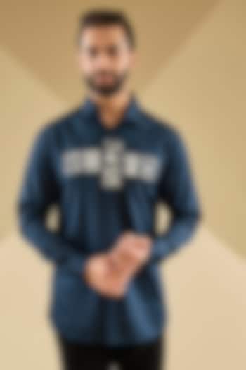 Navy Blue Cotton Satin Laser-Cut Embroidered Party Wear Shirt by Sahil Kochhar Men at Pernia's Pop Up Shop