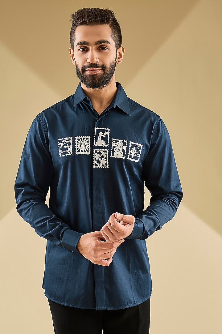 Navy Blue Cotton Satin Laser-Cut Embroidered Party Wear Shirt by Sahil Kochhar Men at Pernia's Pop Up Shop