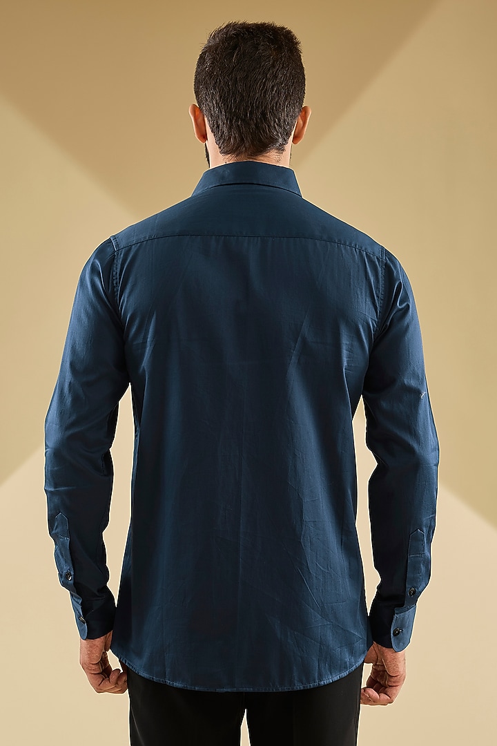 Navy Blue Cotton Satin Laser-Cut Embroidered Party Wear Shirt by Sahil Kochhar Men at Pernia's Pop Up Shop