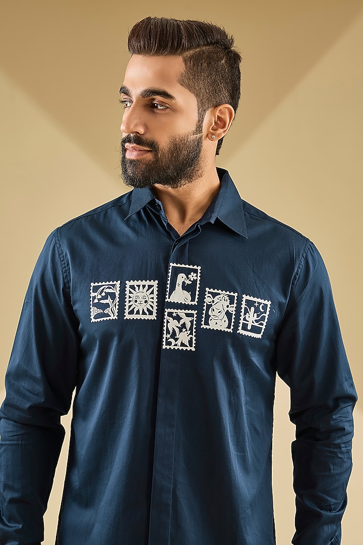 Navy Blue Cotton Satin Laser-Cut Embroidered Party Wear Shirt by Sahil Kochhar Men at Pernia's Pop Up Shop