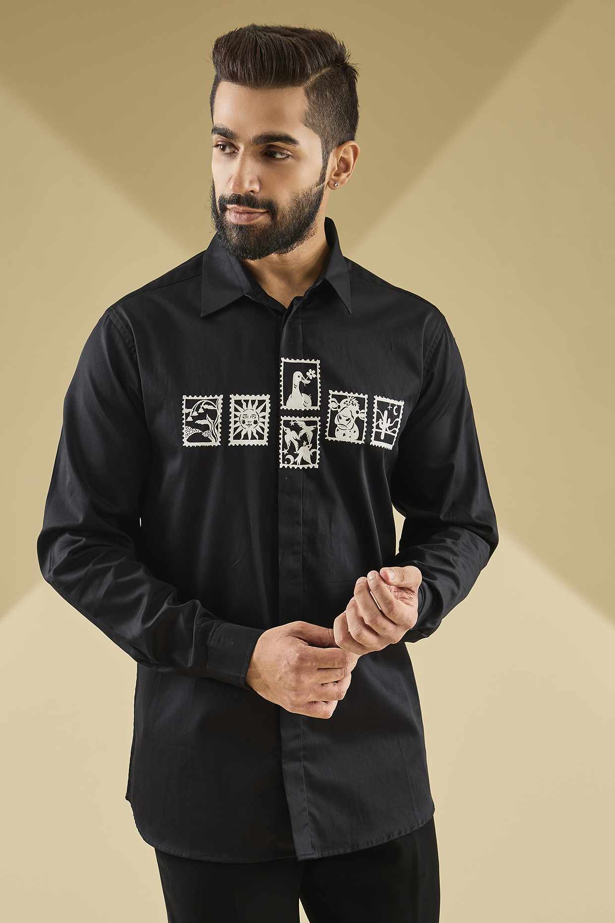 Black Cotton Satin Laser-Cut Embroidered Shirt by Sahil Kochhar Men