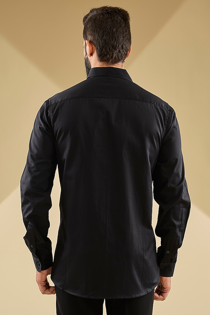 Black Cotton Satin Laser-Cut Embroidered Party Wear Shirt by Sahil Kochhar Men at Pernia's Pop Up Shop