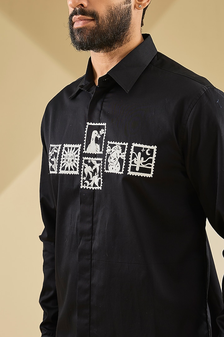 Black Cotton Satin Laser-Cut Embroidered Party Wear Shirt by Sahil Kochhar Men at Pernia's Pop Up Shop