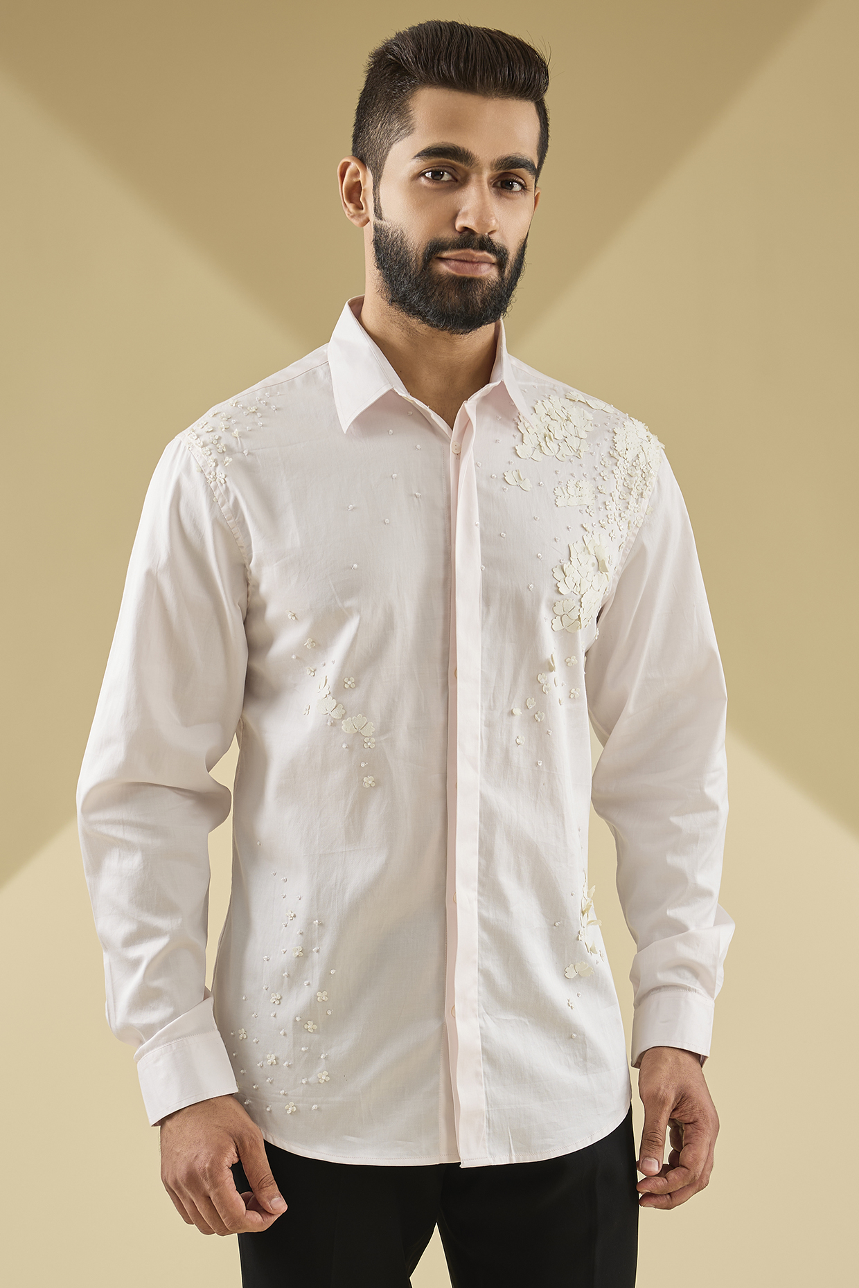 Light Pink Cotton Satin Laser-Cut Embroidered Shirt by Sahil Kochhar Men