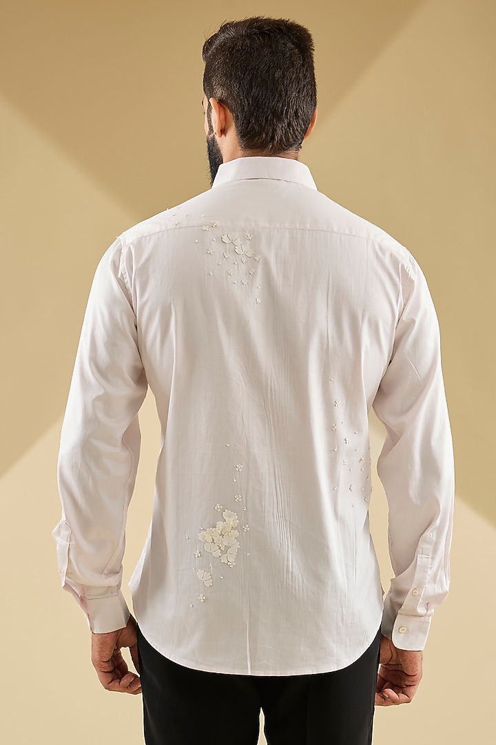 Light Pink Cotton Satin Laser-Cut Embroidered Wedding Shirt by Sahil Kochhar Men at Pernia's Pop Up Shop
