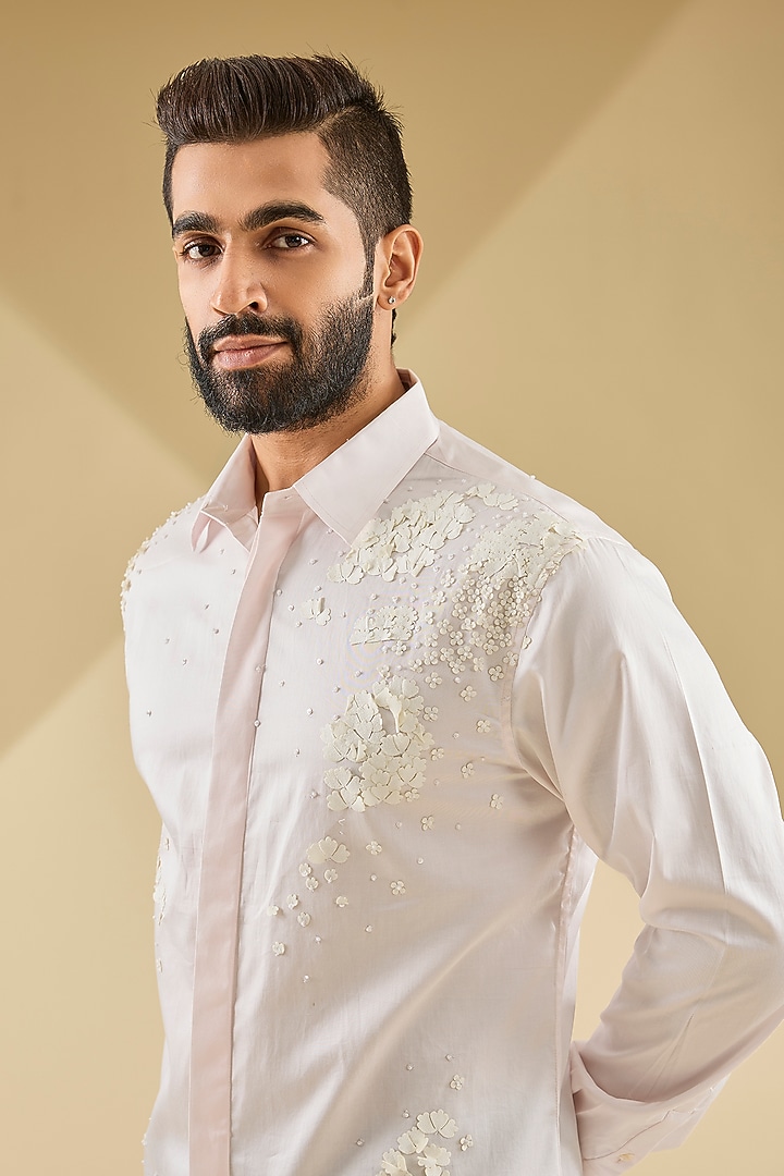 Light Pink Cotton Satin Laser-Cut Embroidered Wedding Shirt by Sahil Kochhar Men at Pernia's Pop Up Shop