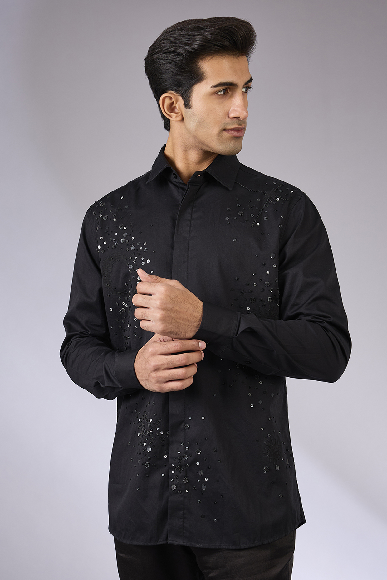Black Cotton Satin Hand Embroidered Shirt by Sahil Kochhar Men