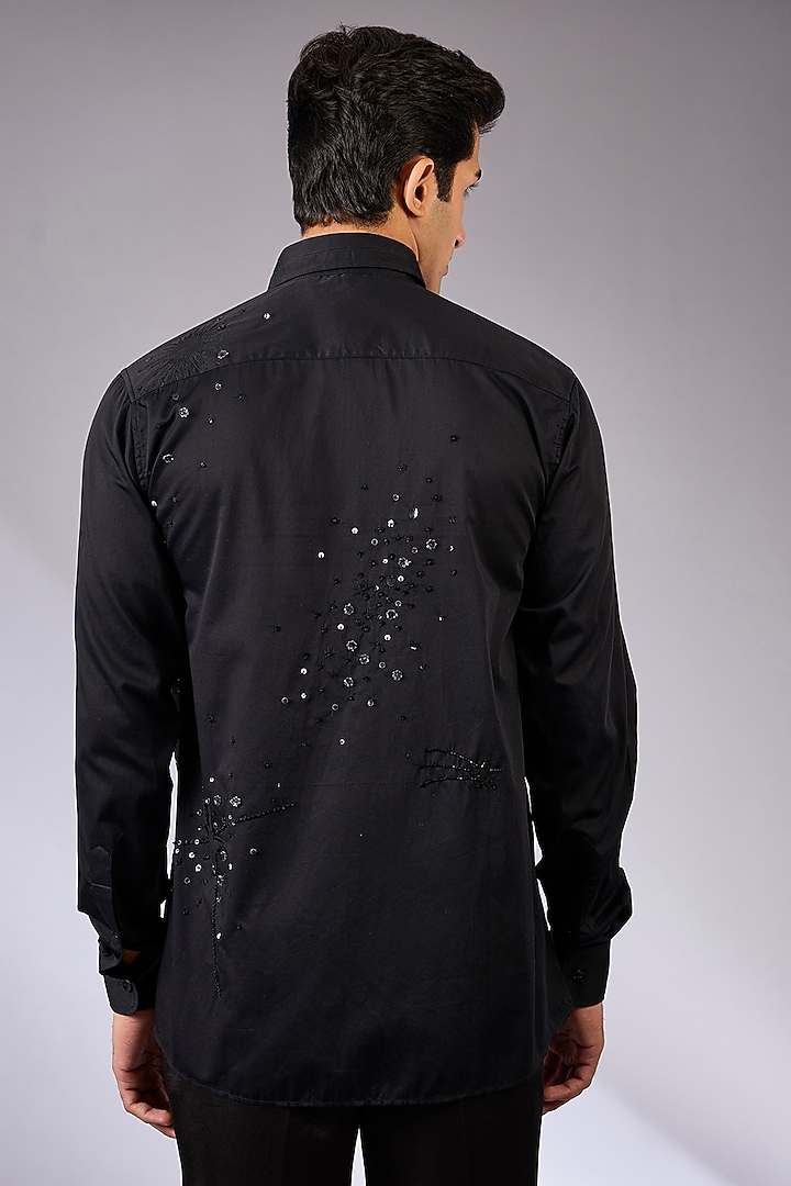 Black Cotton Satin Hand Embroidered Wedding Shirt by Sahil Kochhar Men at Pernia's Pop Up Shop