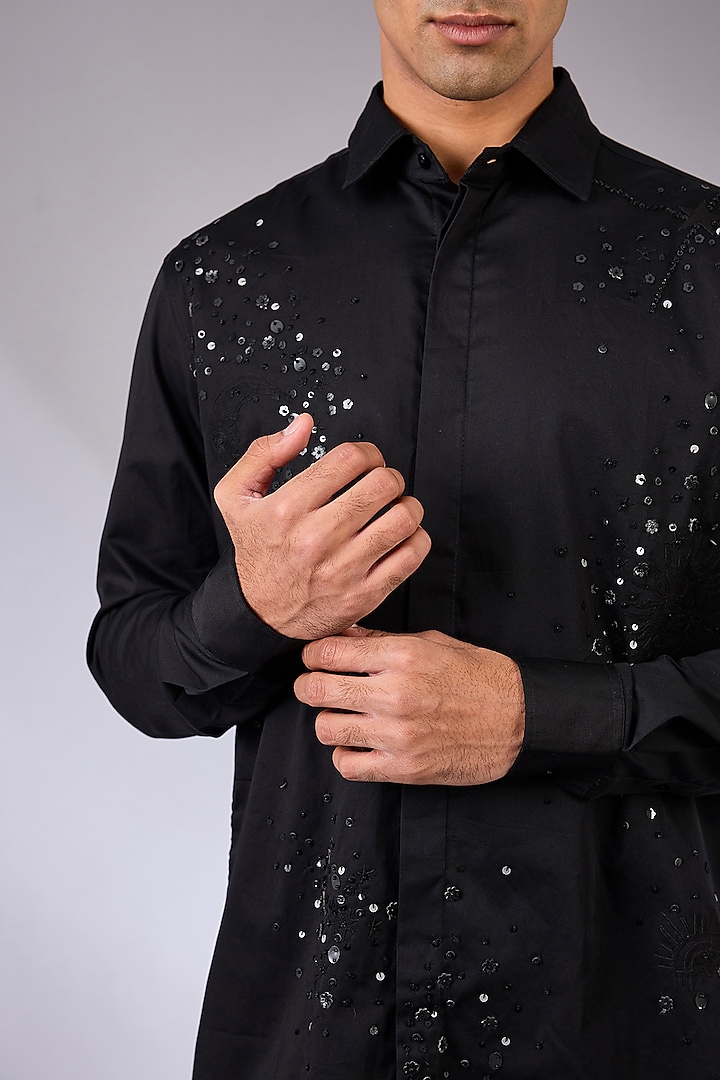 Black Cotton Satin Hand Embroidered Wedding Shirt by Sahil Kochhar Men at Pernia's Pop Up Shop