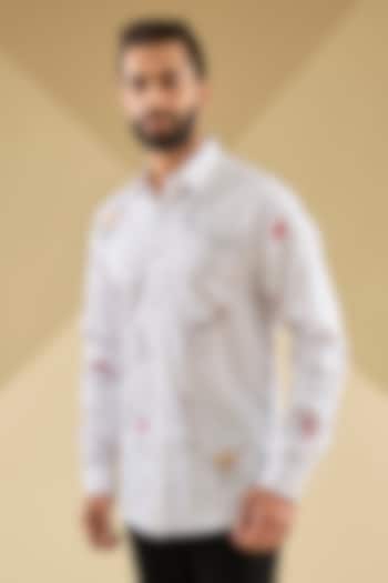 Ivory Cotton Satin Thread Embroidered Wedding Shirt by Sahil Kochhar Men at Pernia's Pop Up Shop
