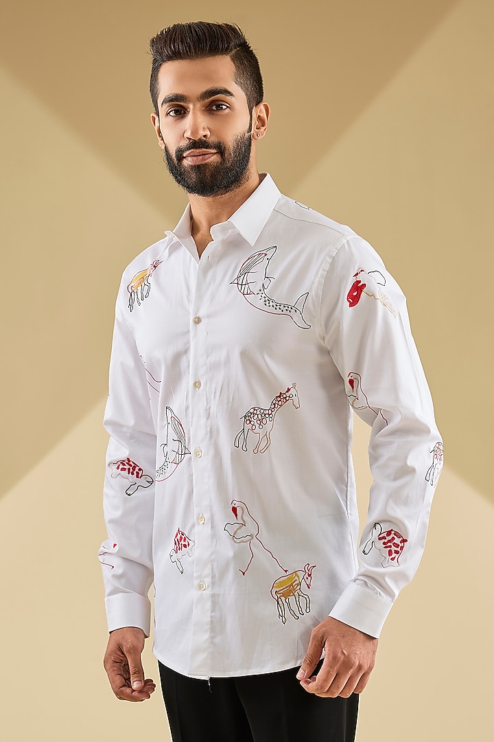 Ivory Cotton Satin Thread Embroidered Wedding Shirt by Sahil Kochhar Men at Pernia's Pop Up Shop