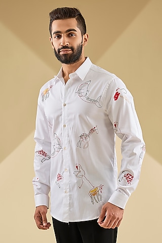 Ivory Cotton Satin Thread Embroidered Shirt by Sahil Kochhar Men