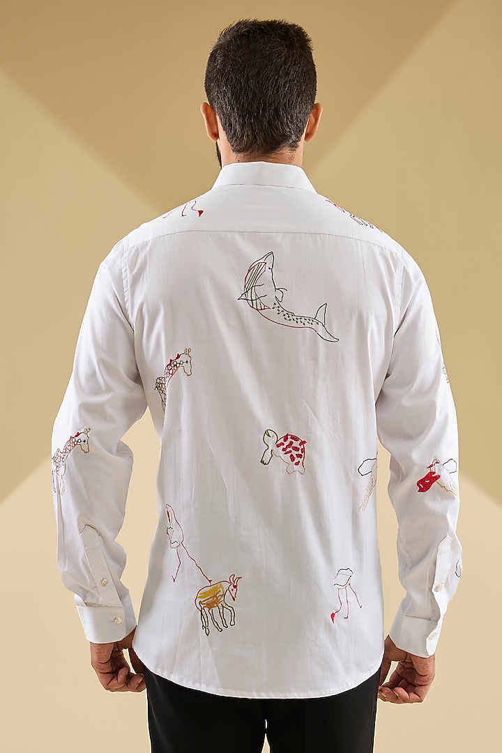 Ivory Cotton Satin Thread Embroidered Wedding Shirt by Sahil Kochhar Men at Pernia's Pop Up Shop