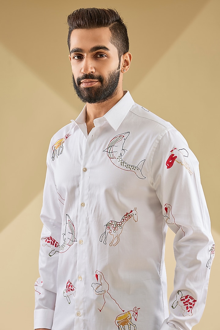 Ivory Cotton Satin Thread Embroidered Wedding Shirt by Sahil Kochhar Men at Pernia's Pop Up Shop