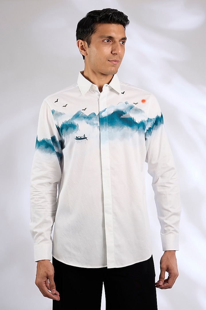 Ivory Cotton Satin Digital Printed Shirt by Sahil Kochhar Men