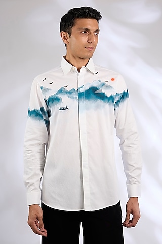Ivory Cotton Satin Digital Printed Shirt by Sahil Kochhar Men