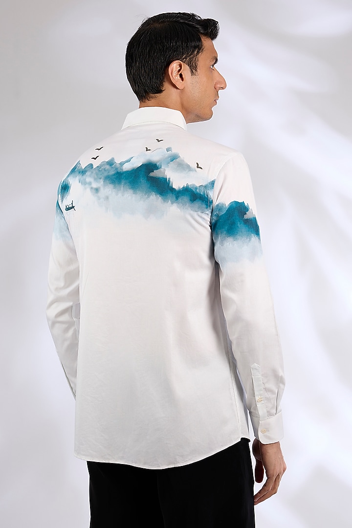 Ivory Cotton Satin Digital Printed Wedding Shirt by Sahil Kochhar Men at Pernia's Pop Up Shop