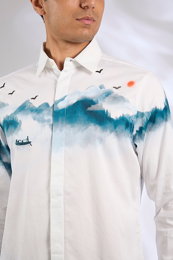 Ivory Cotton Satin Digital Printed Wedding Shirt by Sahil Kochhar Men at Pernia's Pop Up Shop