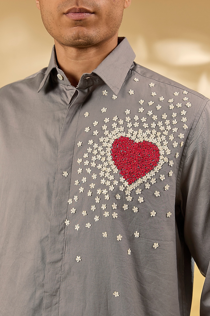 Grey Cotton Satin Hand Embroidered Shirt by Sahil Kochhar Men at Pernia's Pop Up Shop